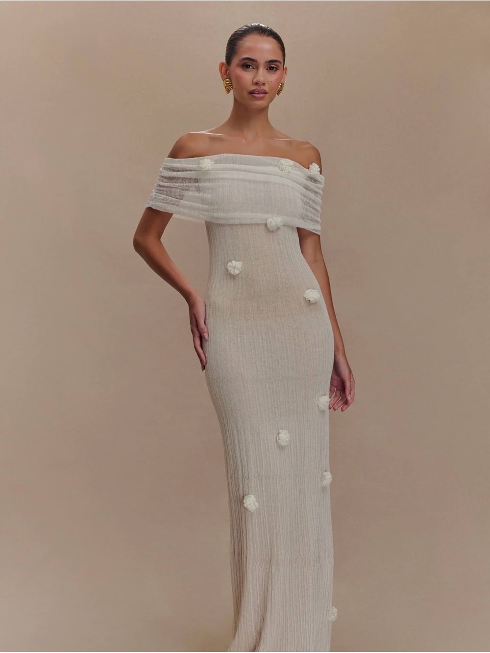 MESHKI Brynn, Orchid Knit Maxi Dress - Ivory Off-Shoulder